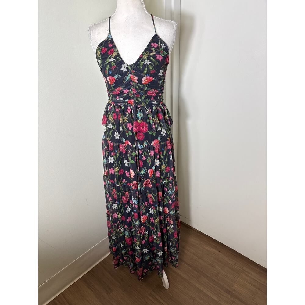 NSR Black Floral Mesh Spaghetti Strap Maxi Dress Sz XS
